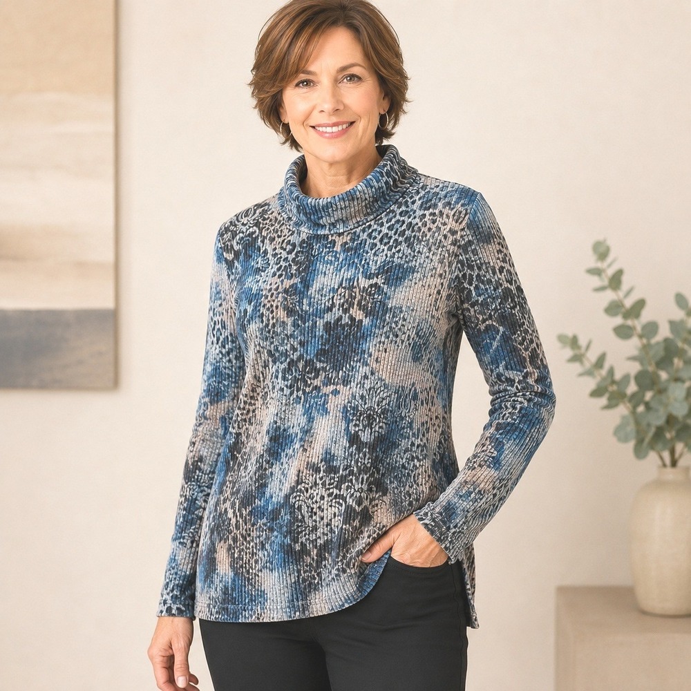 Chico's Zenergy 3P Animal Print XL Petite Cowl Neck Rib Knit Tunic Blue Gray
